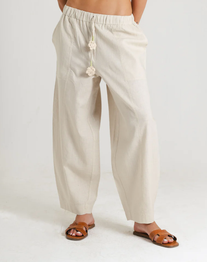 Flower Linen Pants in Beige