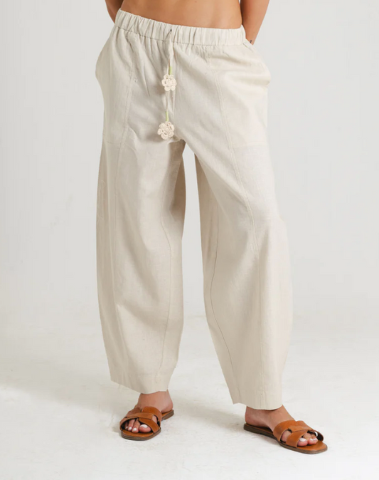 Flower Linen Pants in Beige